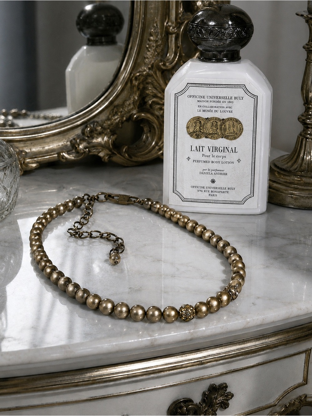 Vintage Givenchy Bronze Faux Pearl Choker Necklace Pavé Crystal Accents